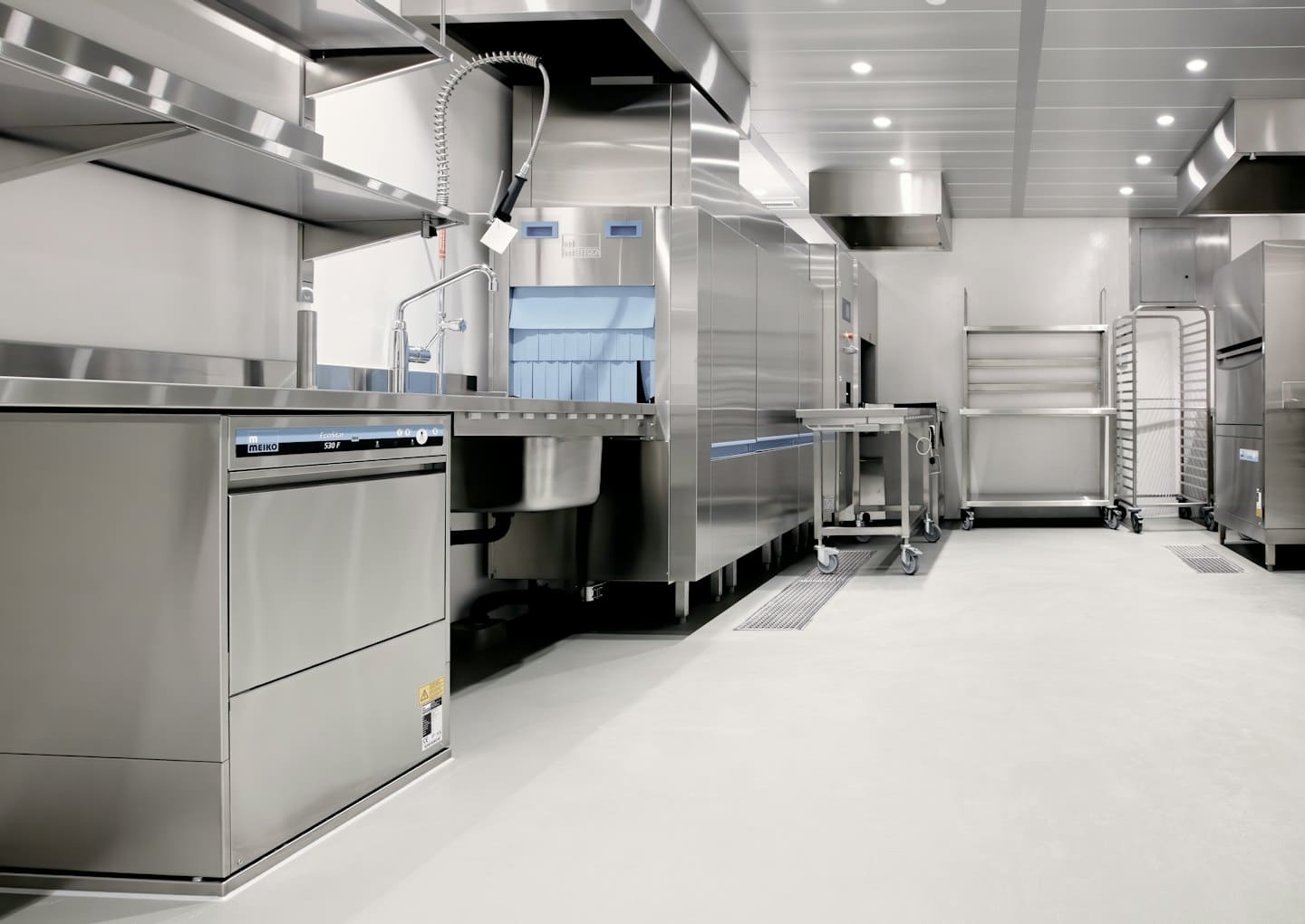 Cucina professionale con elettrodomestici in acciaio inox e carrelli.